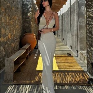 Plunging V-Neck Ivory Maxi Dress with Slim Straps
